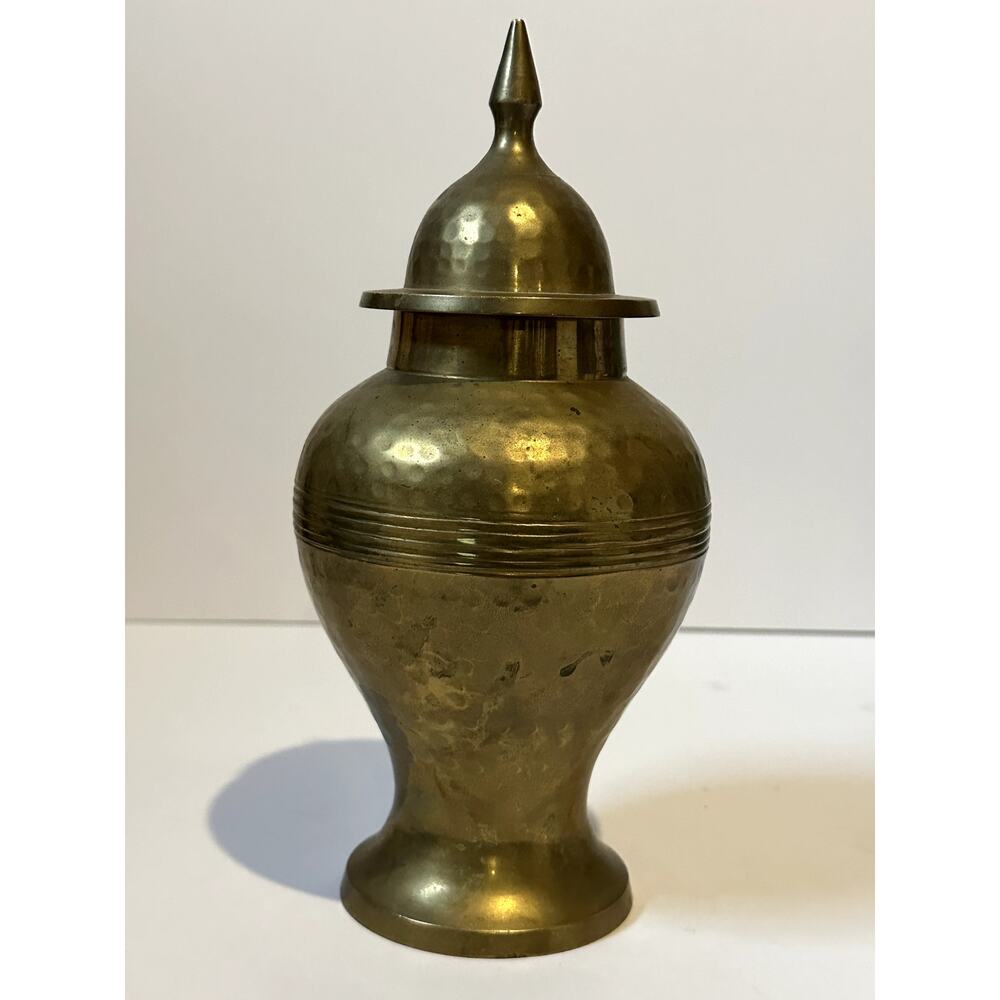 Vintage 80's Solid Brass Temple Jar Urn Covered Vase 10" Tall Lid Made in India